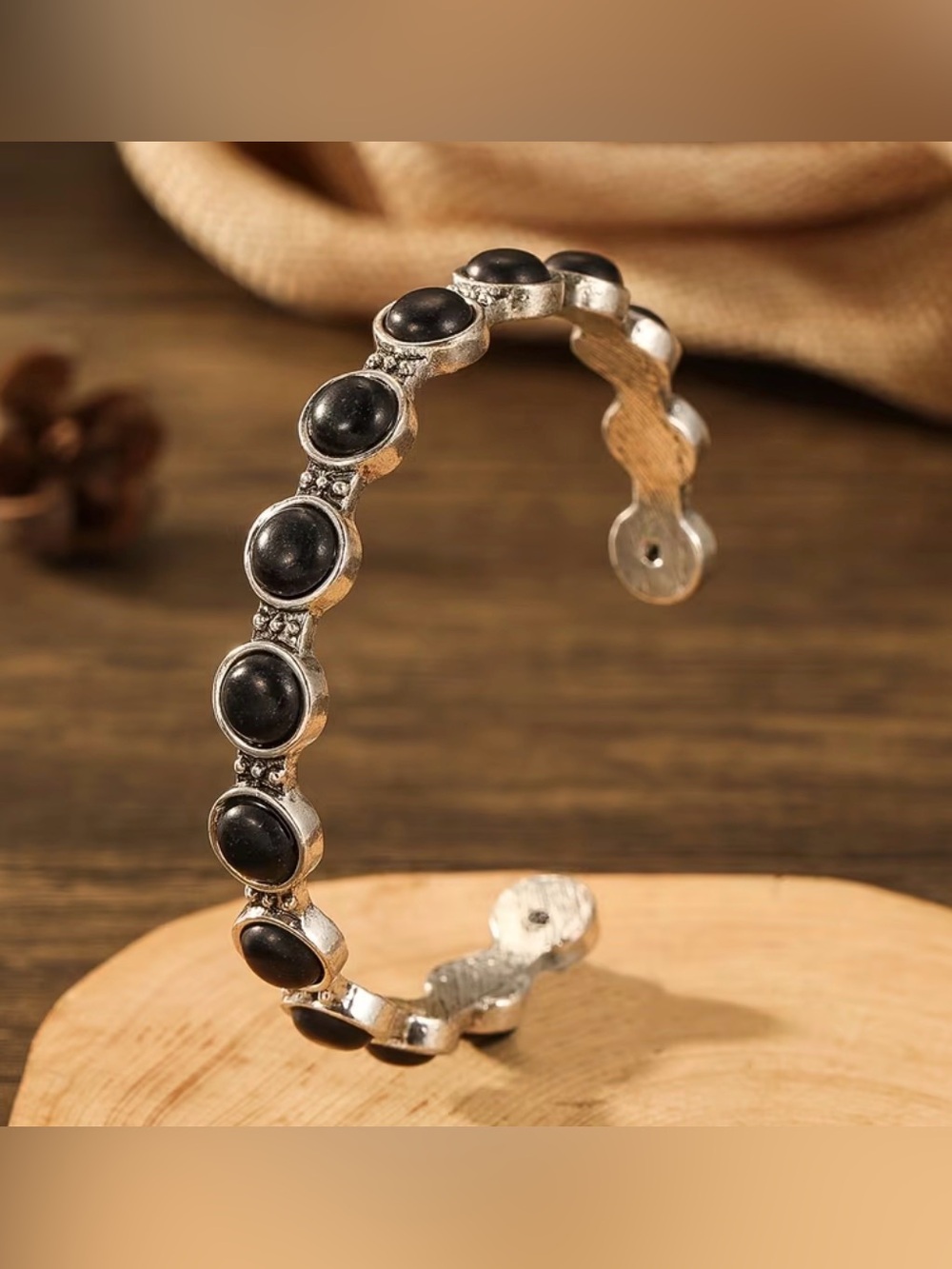 Western Bracelet Black Stone Silver-Tone Cuff Bracelet